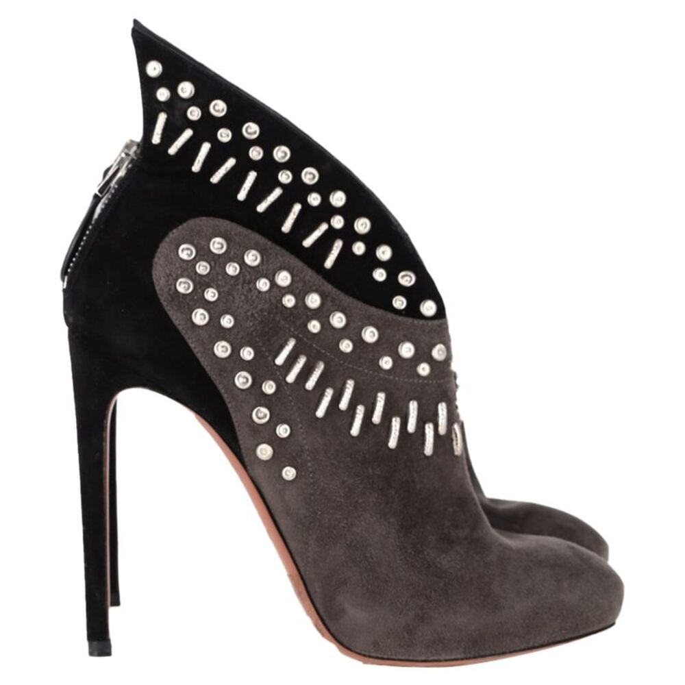 Alaïa Winged Embellished Heeled Ankle Boots in Grey and Black Suede